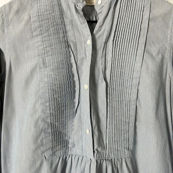 Nili Lotan Tuxedo Pleated Mock Neck 100% Cotton Blouse in Blue Pinstripe Size XS - Picture 2 of 5